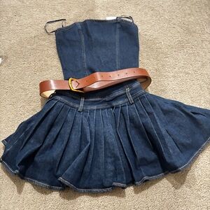 Windsor Denim Strapless Dress with Tan Belt, size XS